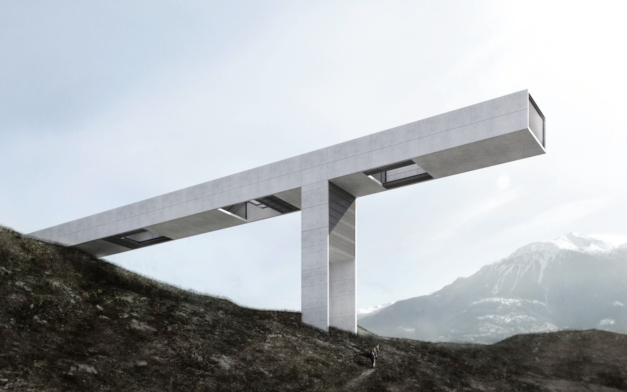 A monolithic concrete volume cantilevering over a mountain slope