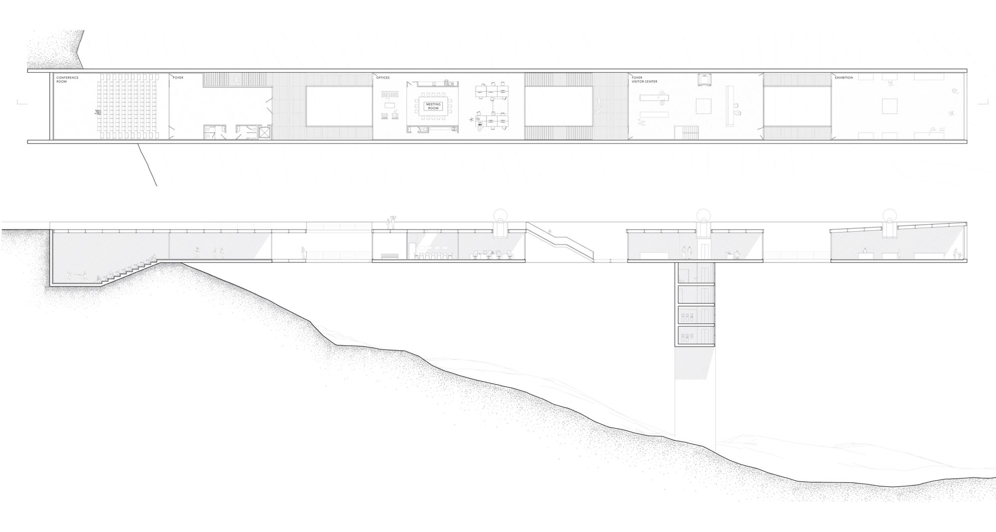 Plan and longitudinal section along the cliff