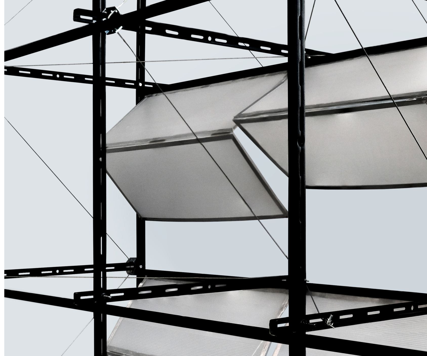Detail of the black steel frame and translucent membranes