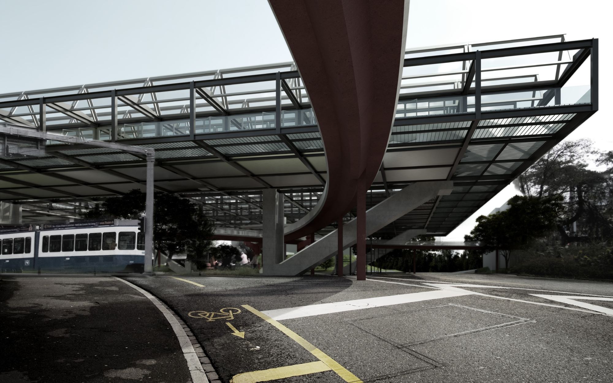 Elevated steel structure over the Bucheggplatz tram station