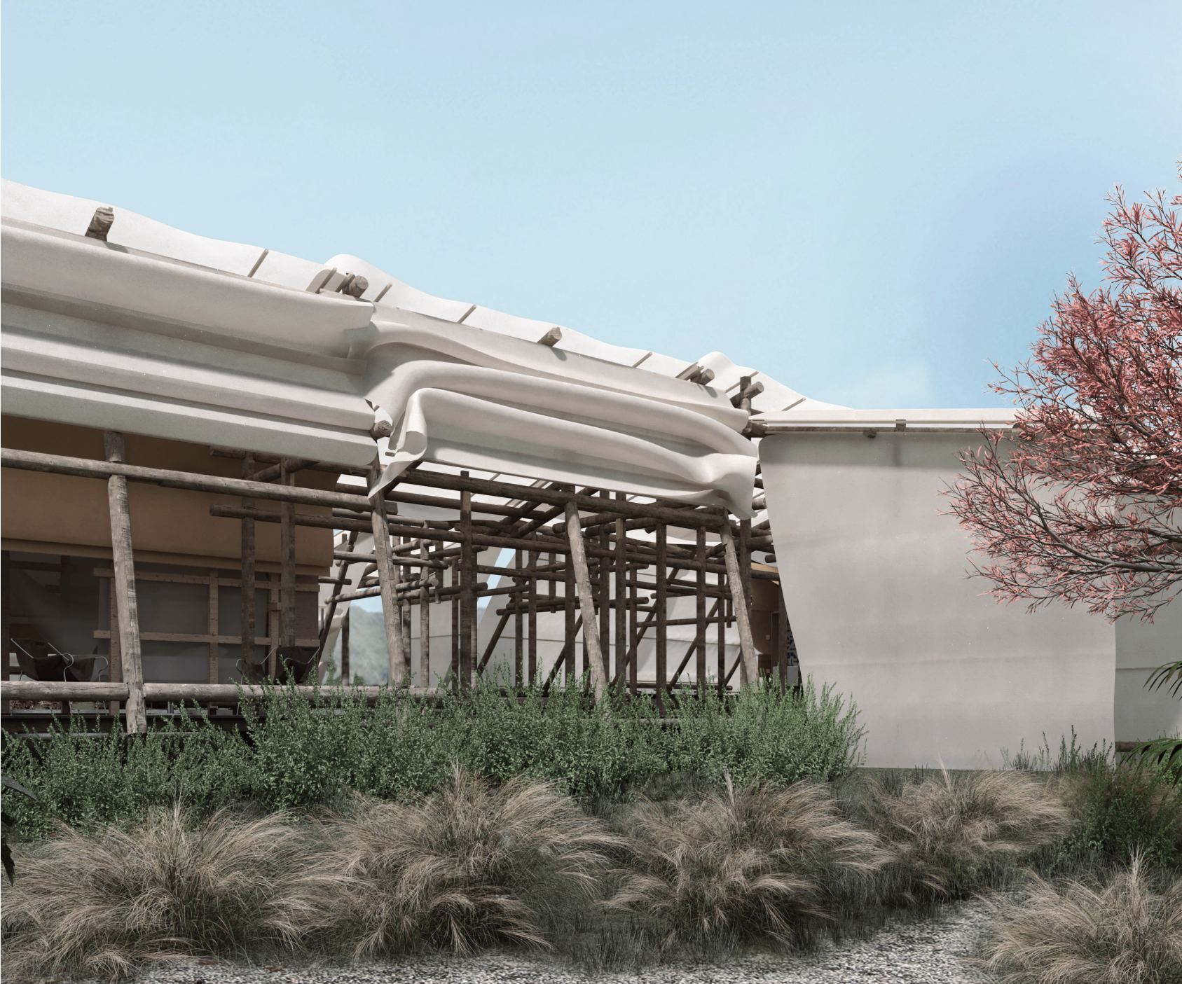 Timber-framed farm building with a translucent roof among grasses