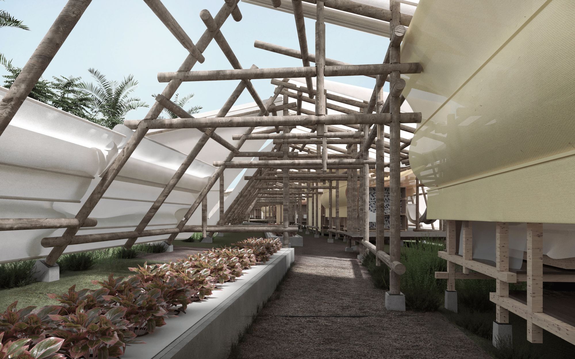 Planted walkway under the reciprocal timber roof