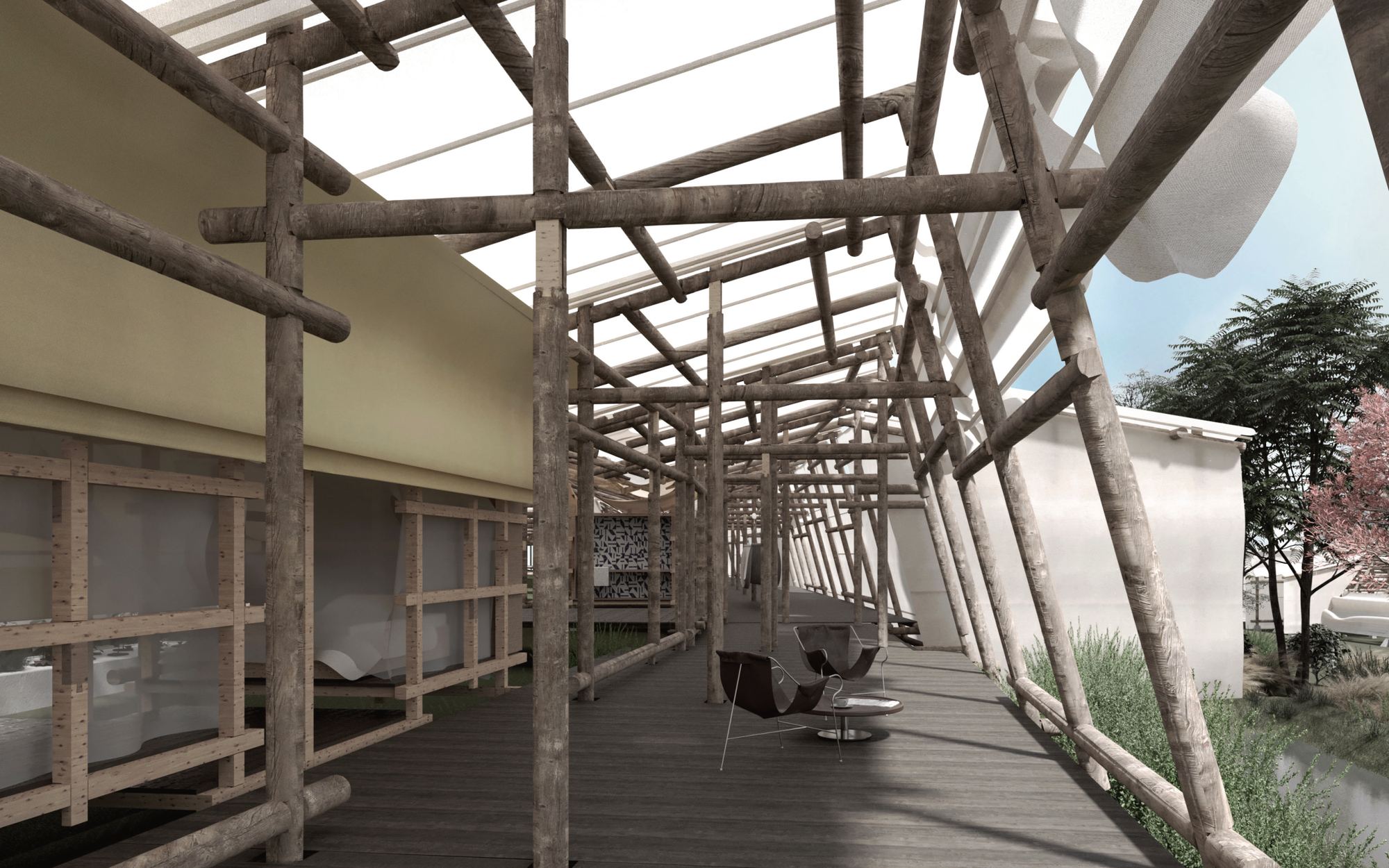 Covered deck between farm buildings