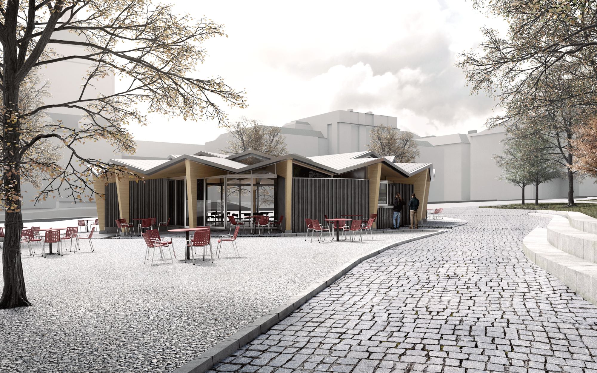 Timber pavilion with folded roofs on a cobbled square