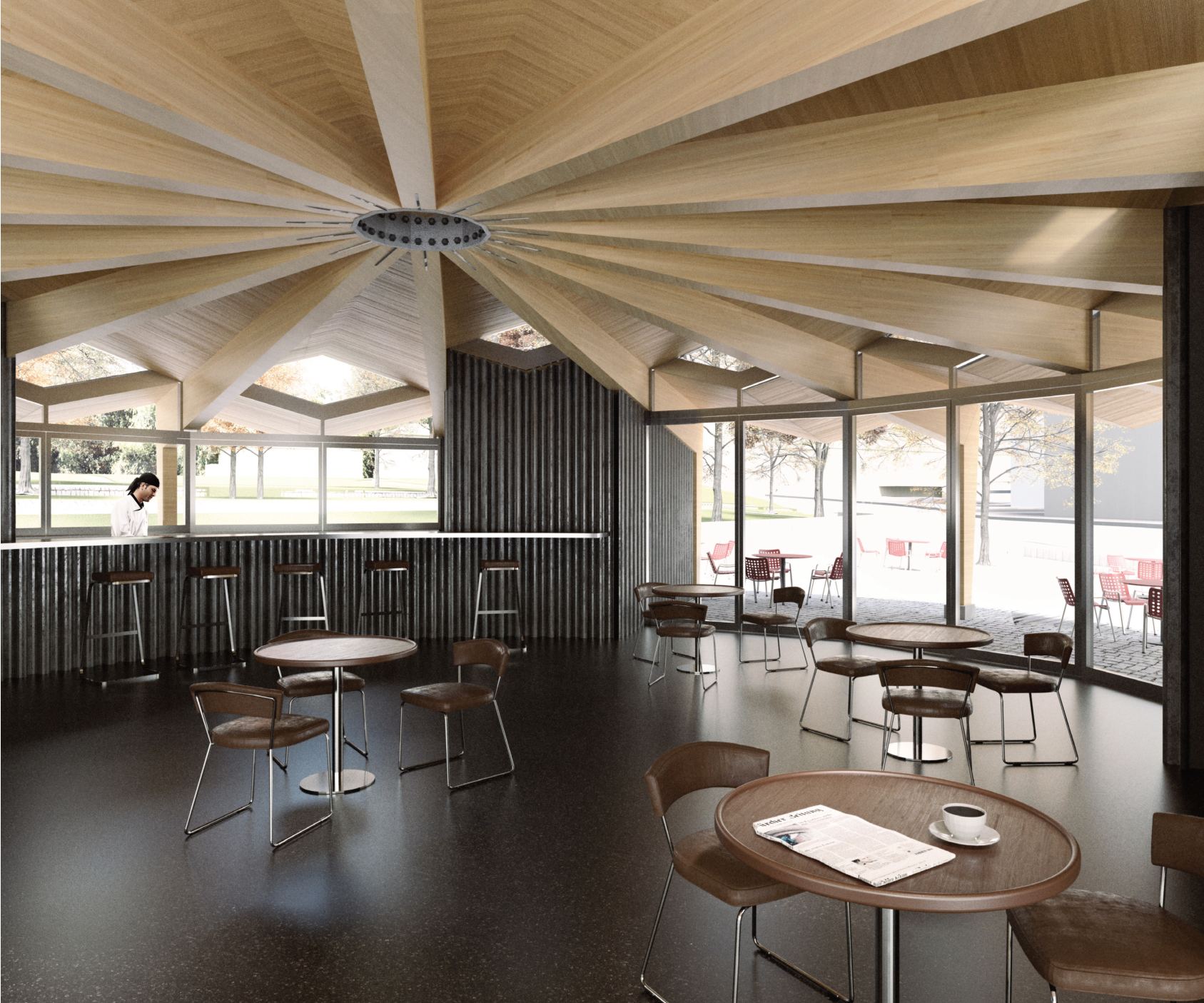 Café interior under a radial timber ceiling