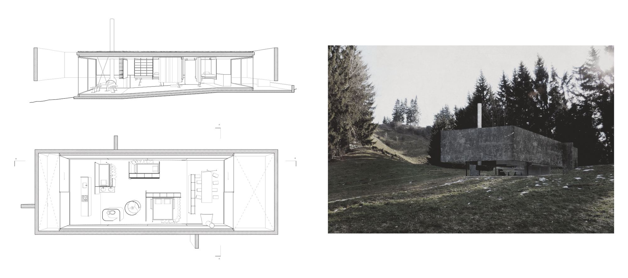 Section, plan and site photograph of the house