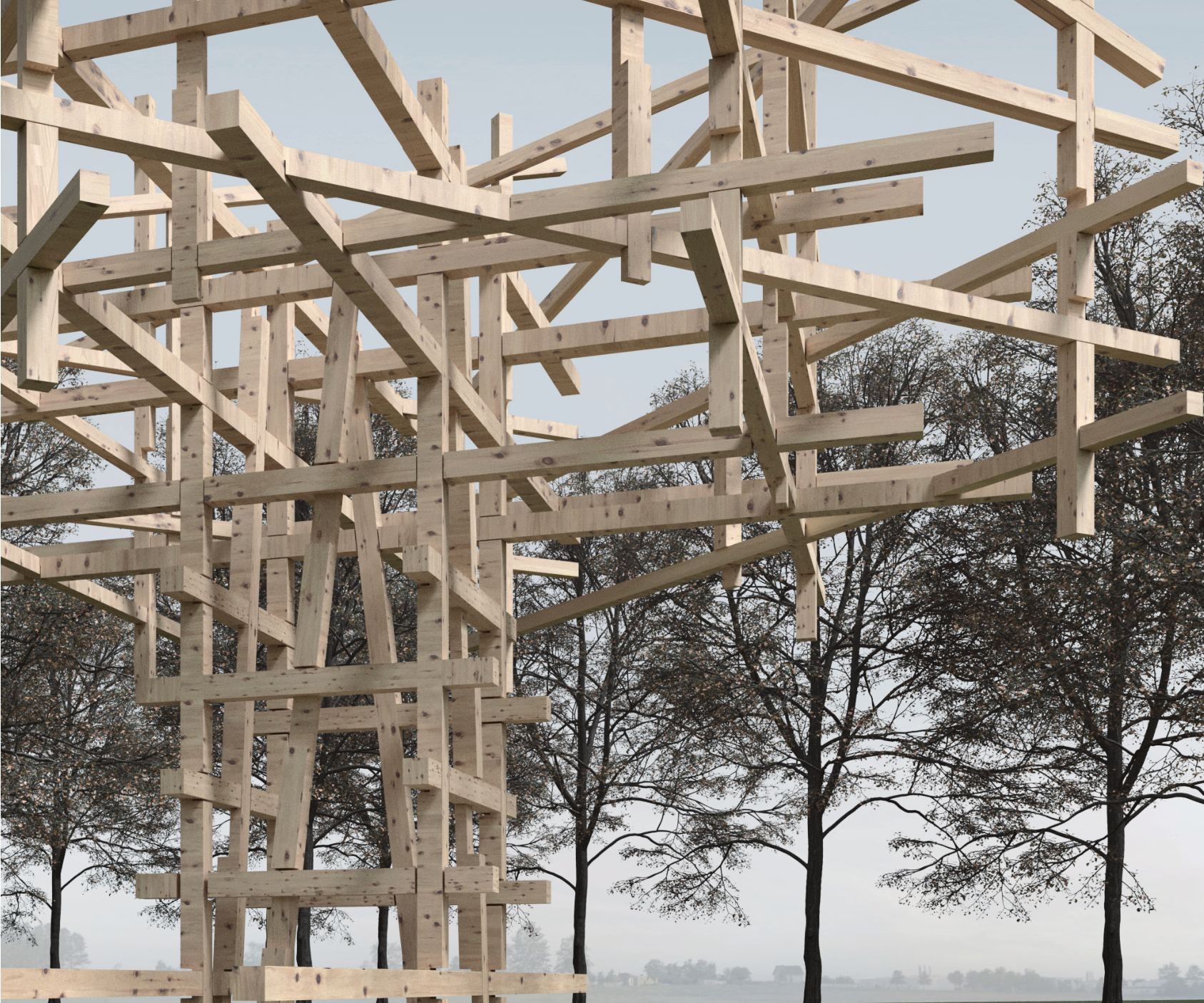 Rendering of the interlocking timber pavilion among trees