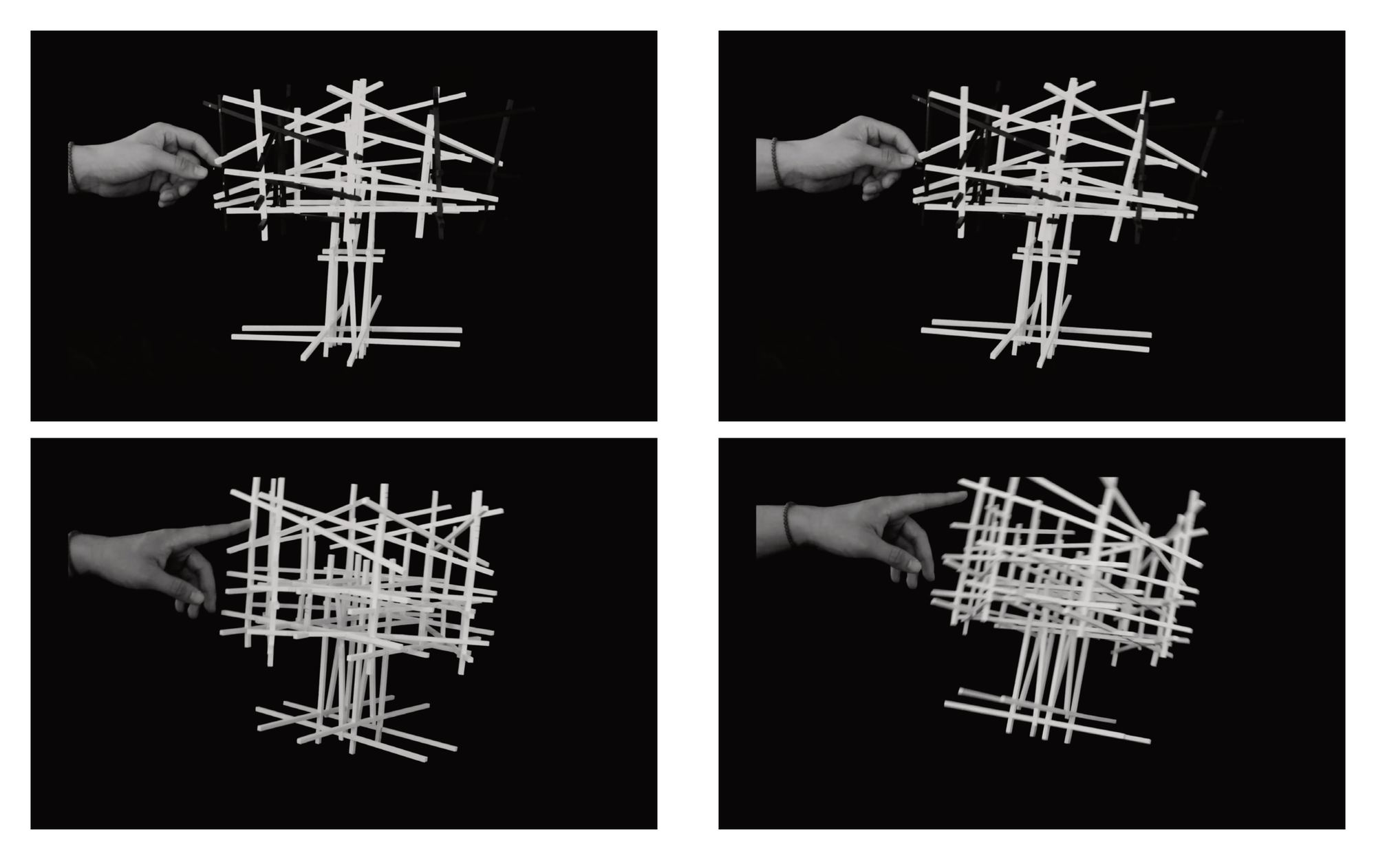 Four photographs of 3D-printed reciprocal frame models being assembled
