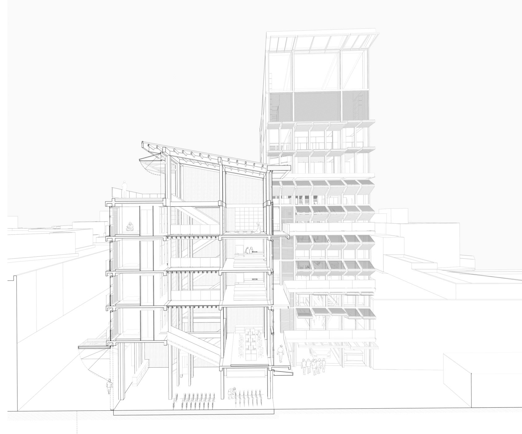 Perspective section through the towers and street