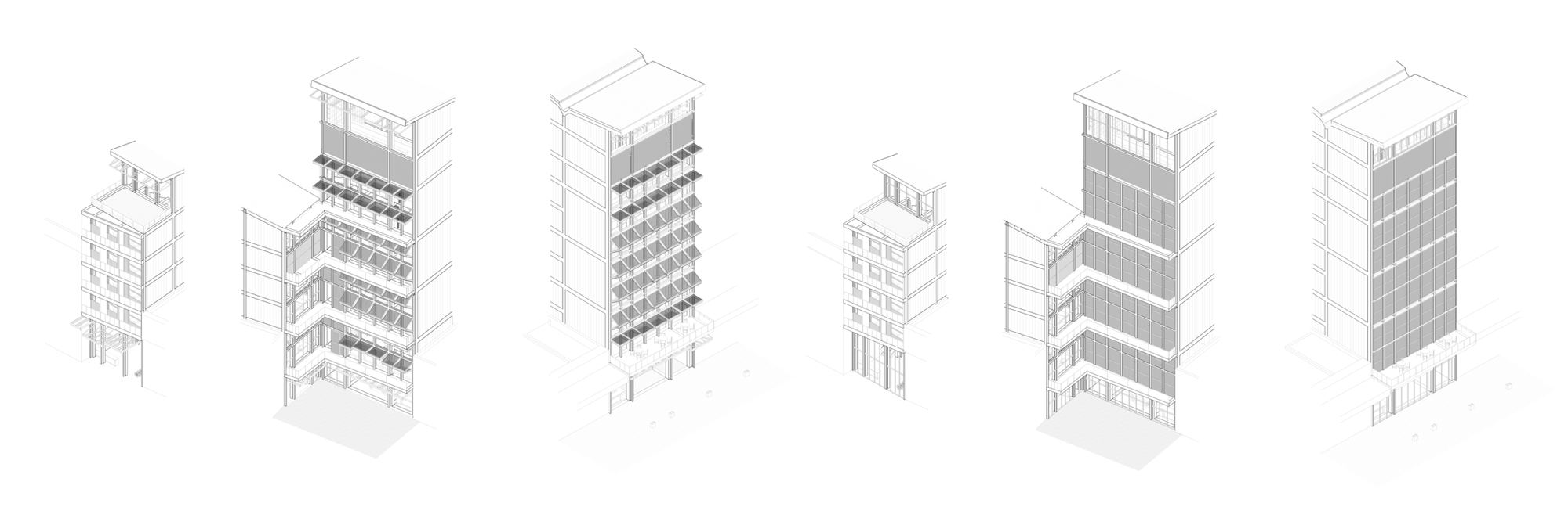 Exploded axonometric studies of both towers