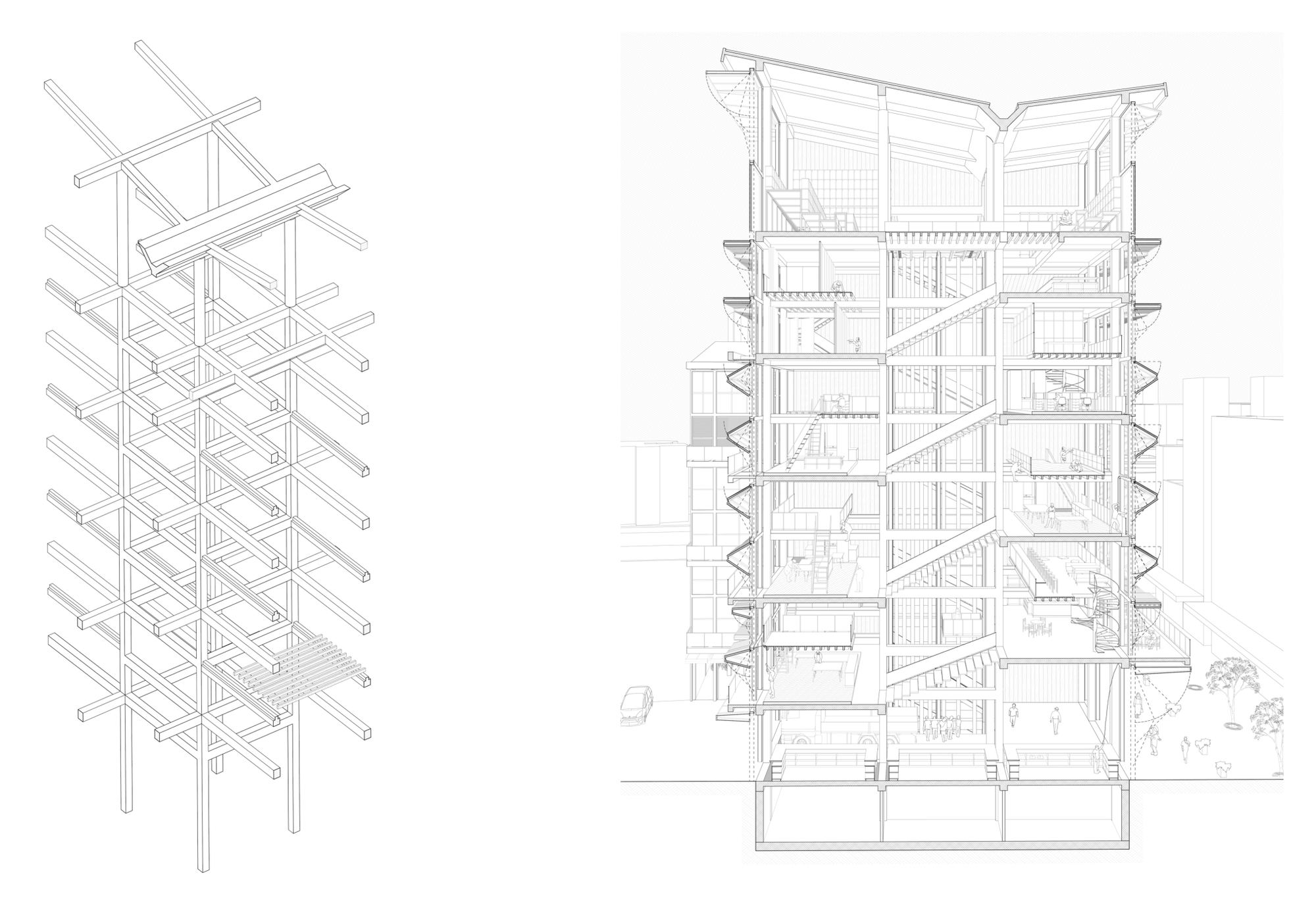 Structural frame axonometric and detailed section